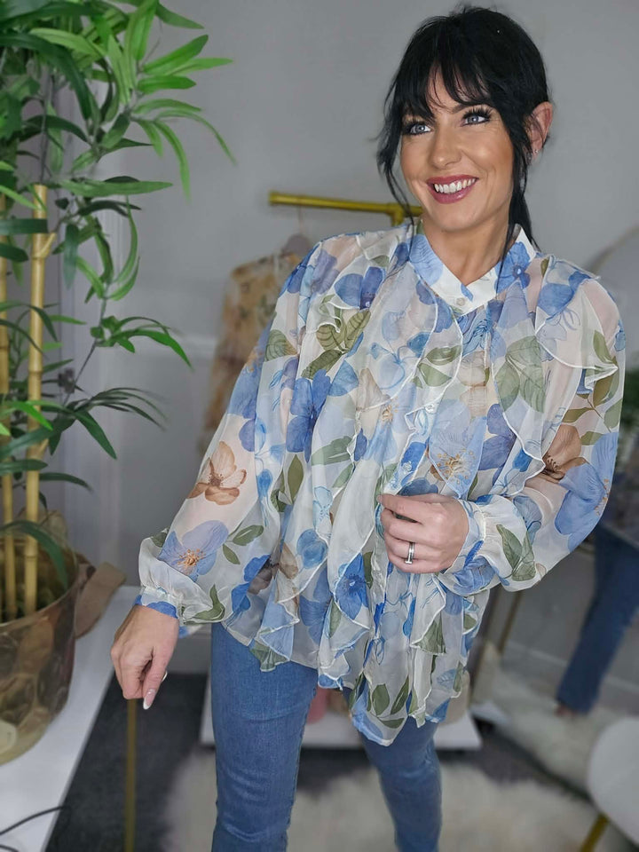 Rosa Floral Ruffle Blouse (One Size/Curvy - fits from Size 14 up to Size 18) - Blue