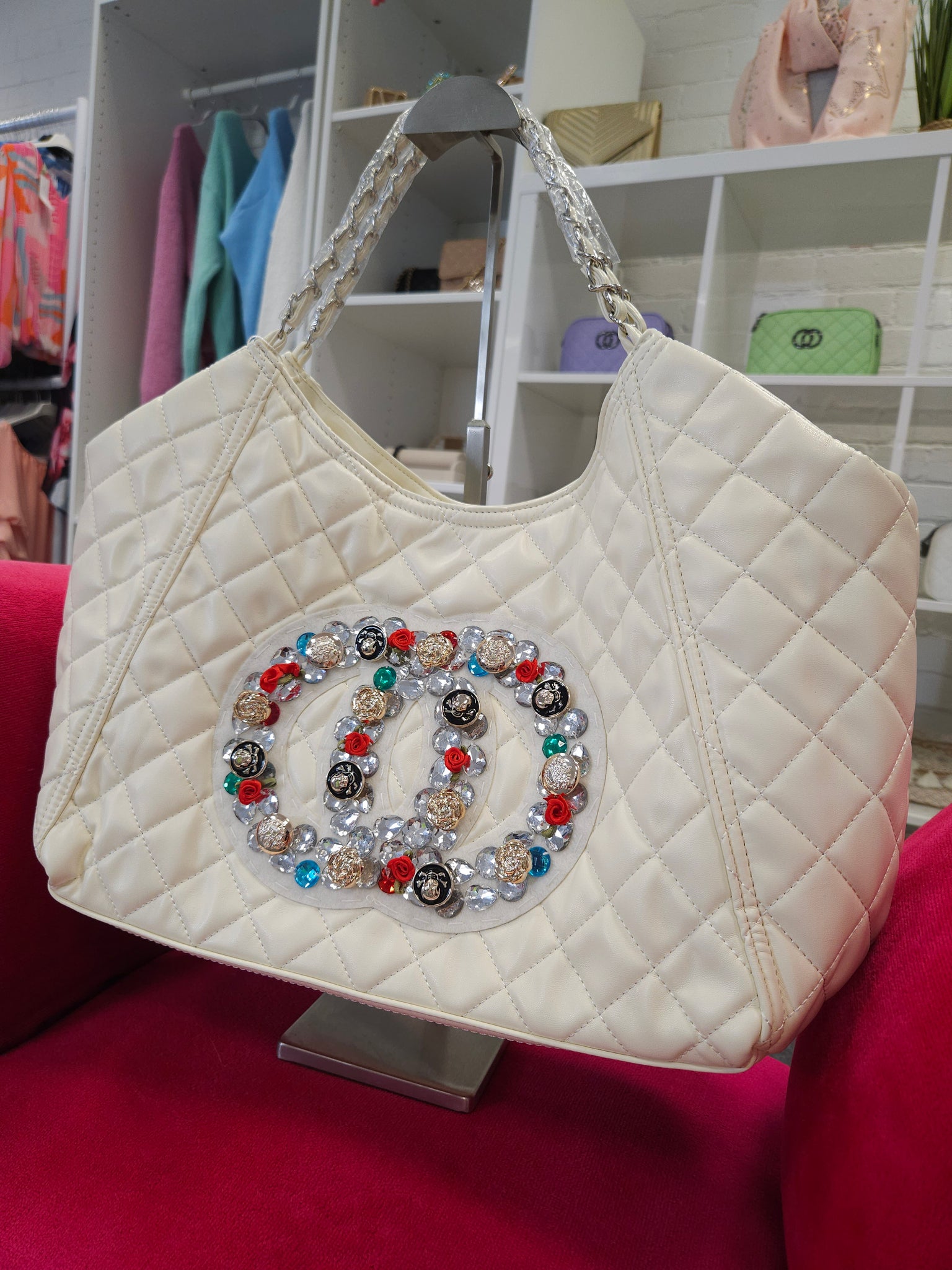 CoCo Crystal Quilted Tote Bag - Ivory