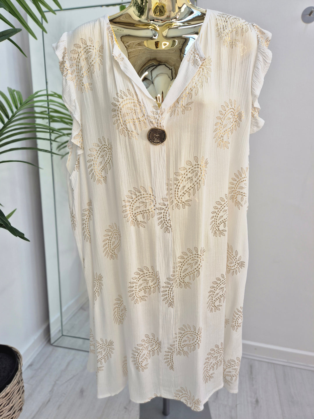 Ibiza Paisley Design Frilled Sleeve Dress - White/Gold - (Loose Fit)