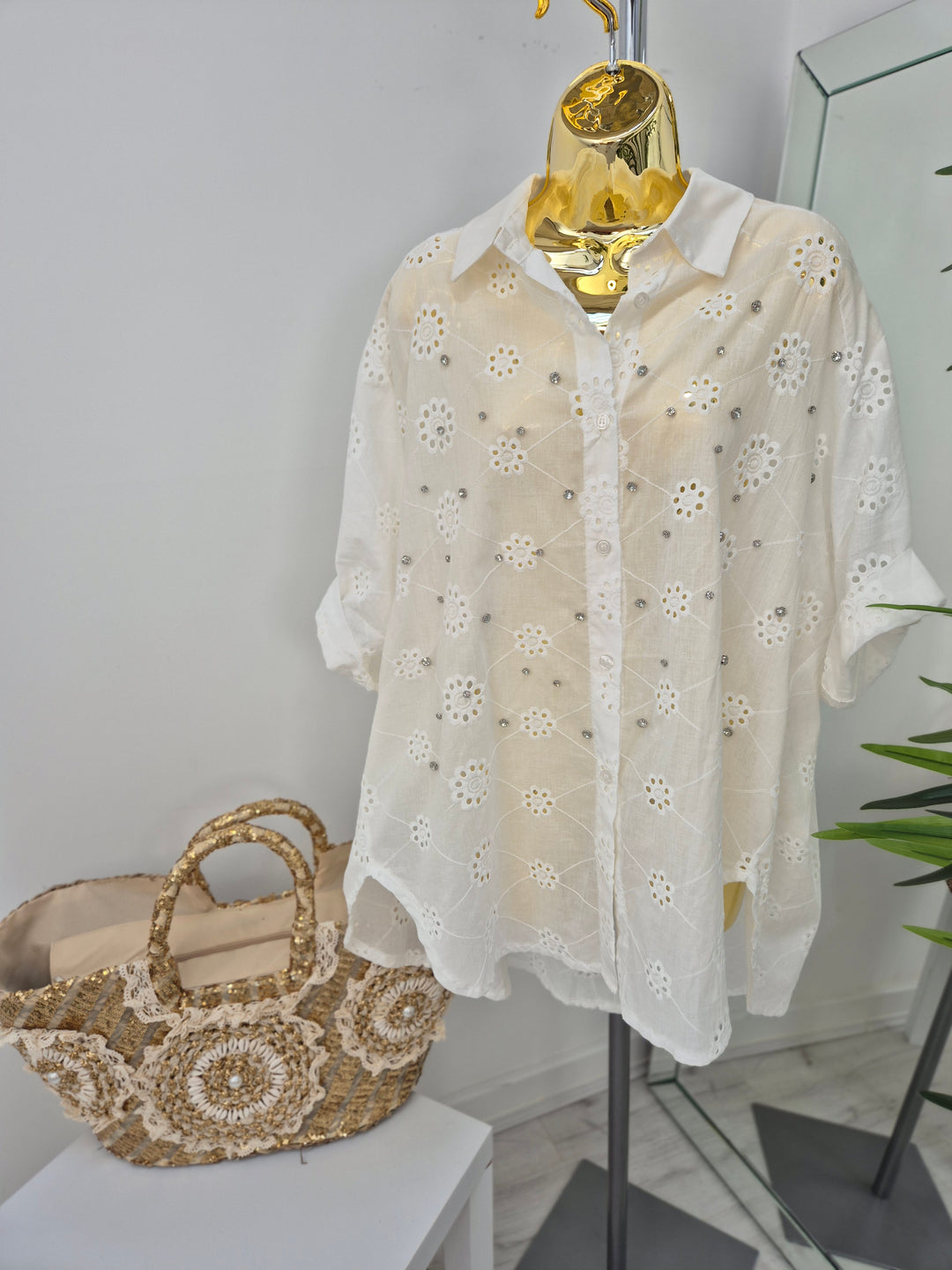 Zeta Otto Broderie Anglaise Blouse with Crystals - White (Oversized)