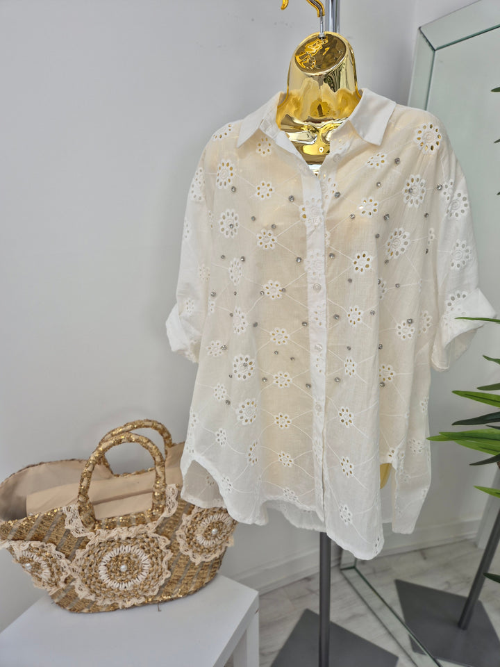 Zeta Otto Broderie Anglaise Blouse with Crystals - White (Oversized)