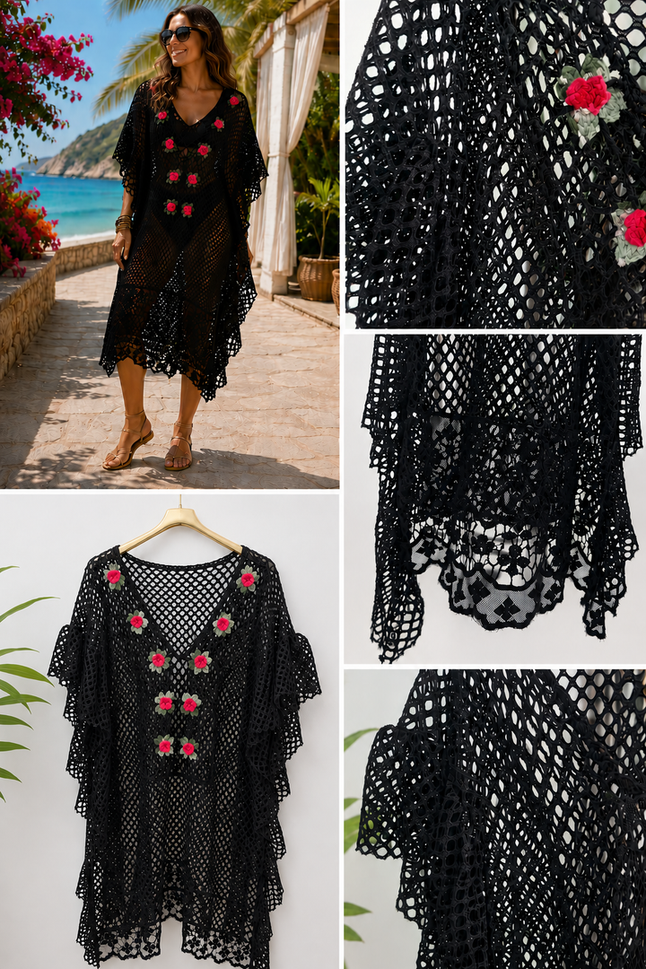 Sorrento Crochet Kaftan - (ONE SIZE FITS SIZE 10 TO A SIZE 16) - Black