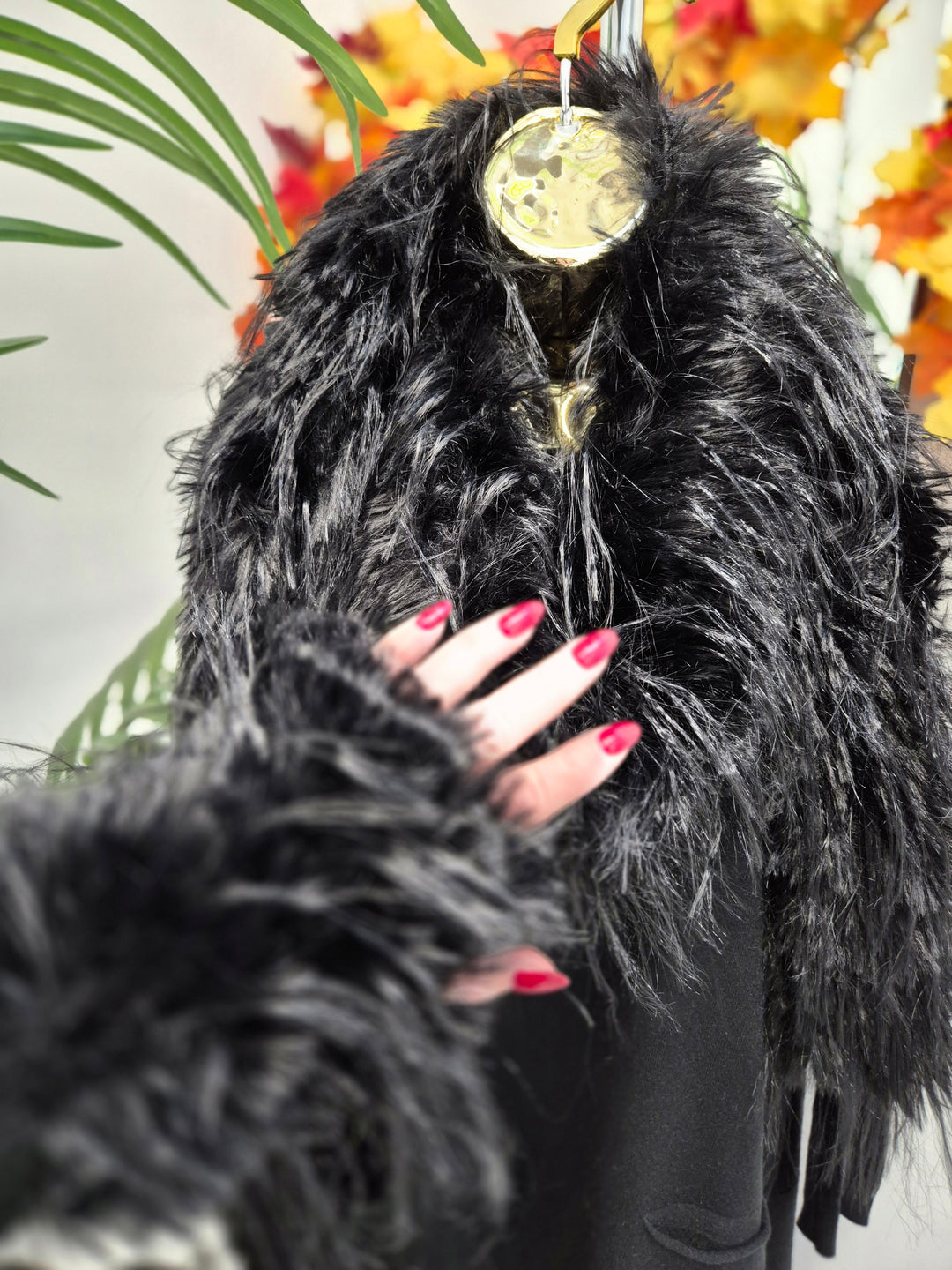 Oslo Faux Fur Shaggy Fingerless Gloves/Cuffs - Jet Black