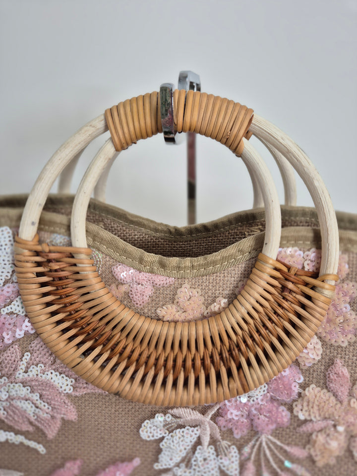 Floral Sequins Bamboo Bag - Pink