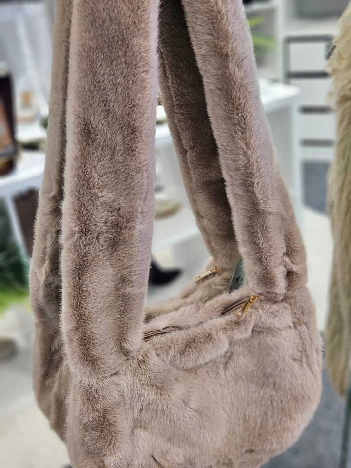 Oslo Fluffy Faux Fur Cross Body Bag - Mocha
