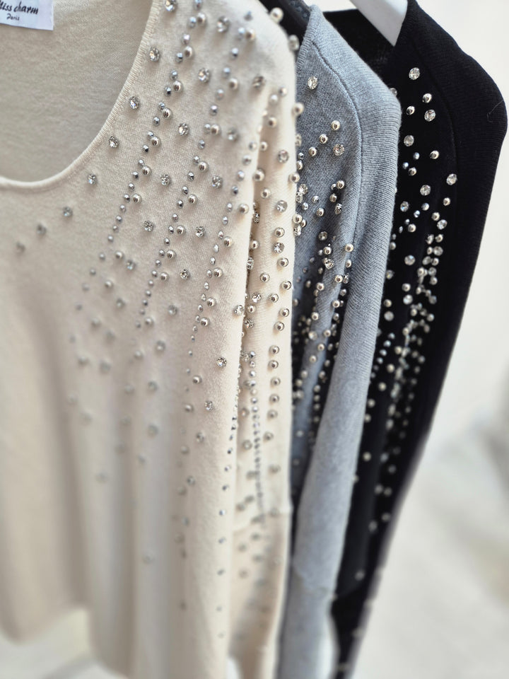 Celine Crystals, Pearls & Diamantes Oversized Jumper with V Neck (choose your Colour) (One Size/Curvy, fits from Size 12 up to Size 18)