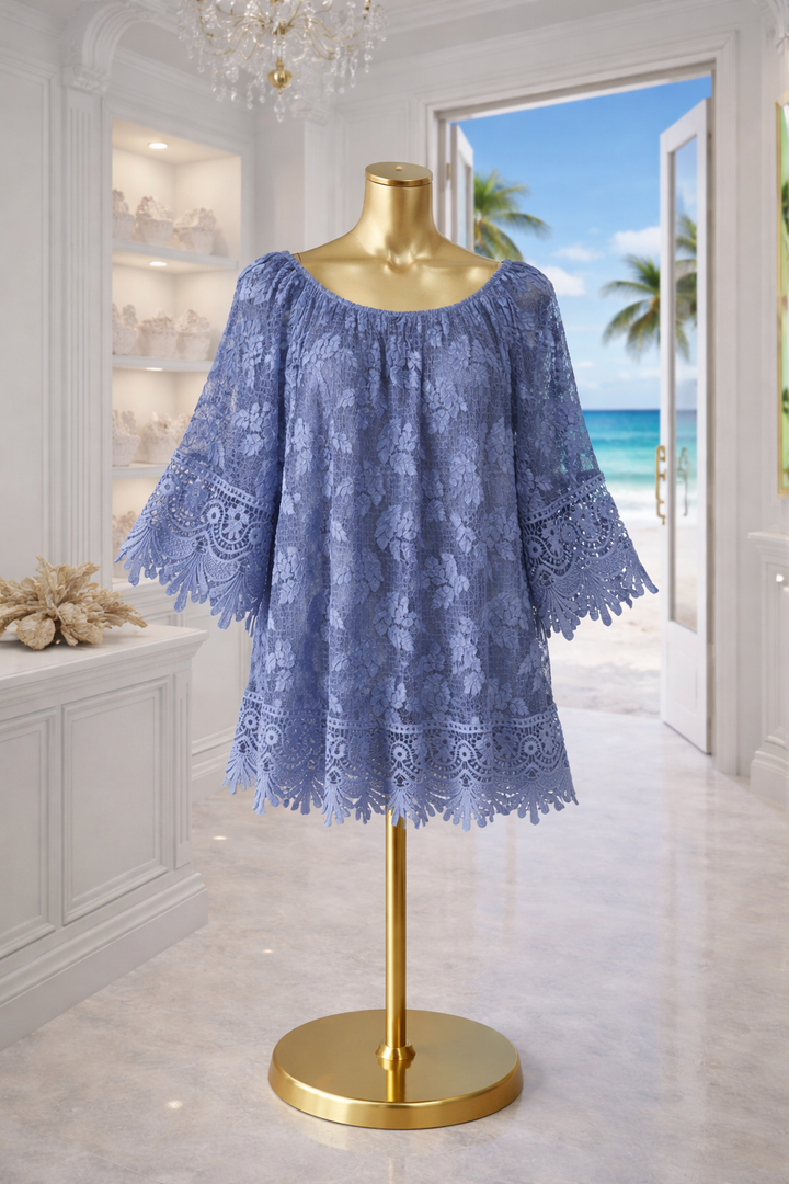 Florence Bardot Lace Top - One Size/Curvy, fits from Size 12/14 up to Size 18 - Blue