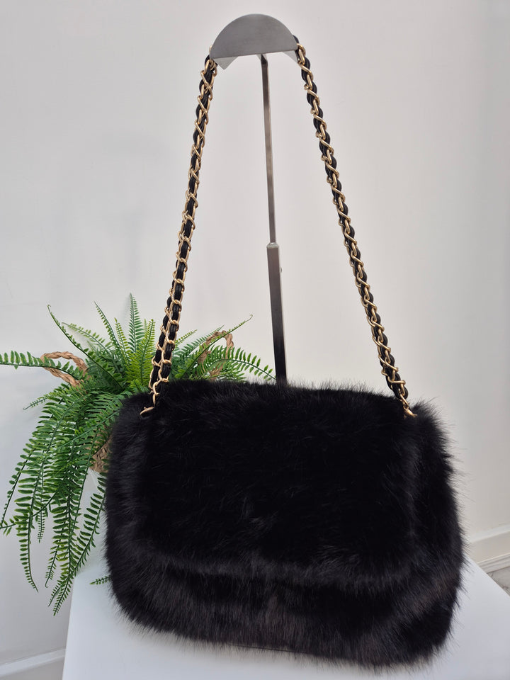 Oslo Faux Fur Bag with Gold Chain Link Dual Handles - Black