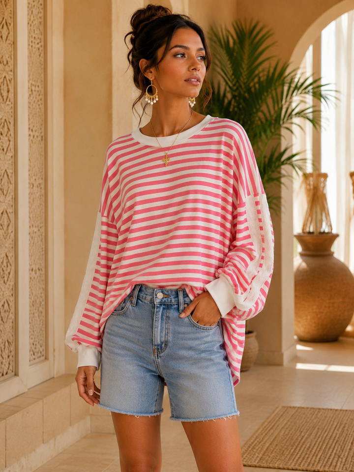 Candy Stripe Oversized Sweatshirt with Split Cuffs - (Oversized/Curvy - fits Size 16 to Size 20) - Pink/Ivory