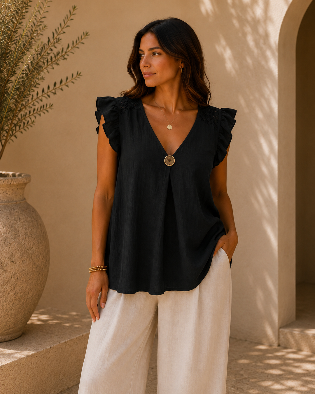 Tuscany Frilled Top with Mesh Shoulders (One Size, fits up to Size 16) - Black