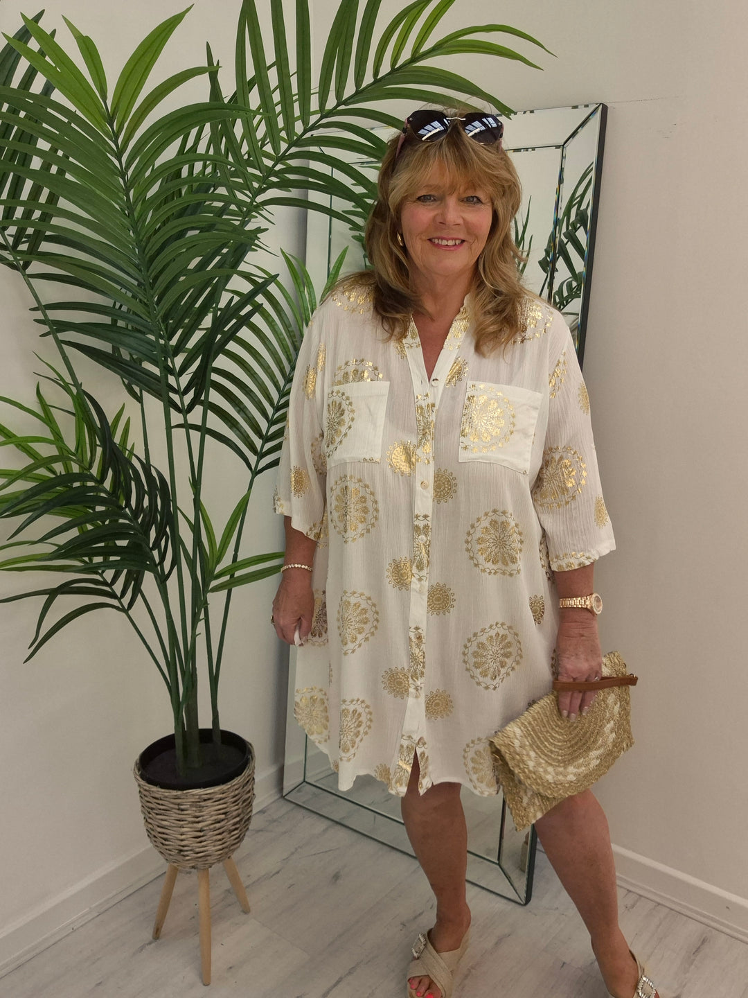 Ibiza Florals Shirt Dress - (Loose Fit) - White/Gold