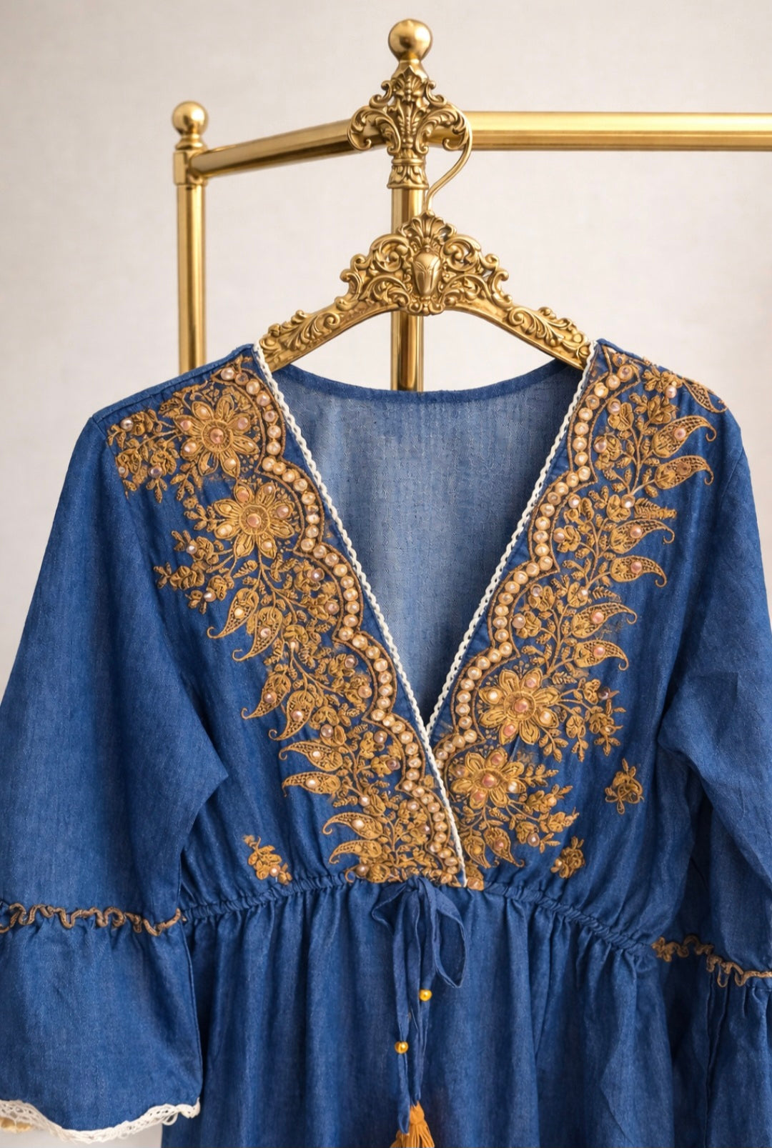 Boho Vibes - Dark Denim with Gold Embroidery (One Size, fits from Size 10 up to Size 16)