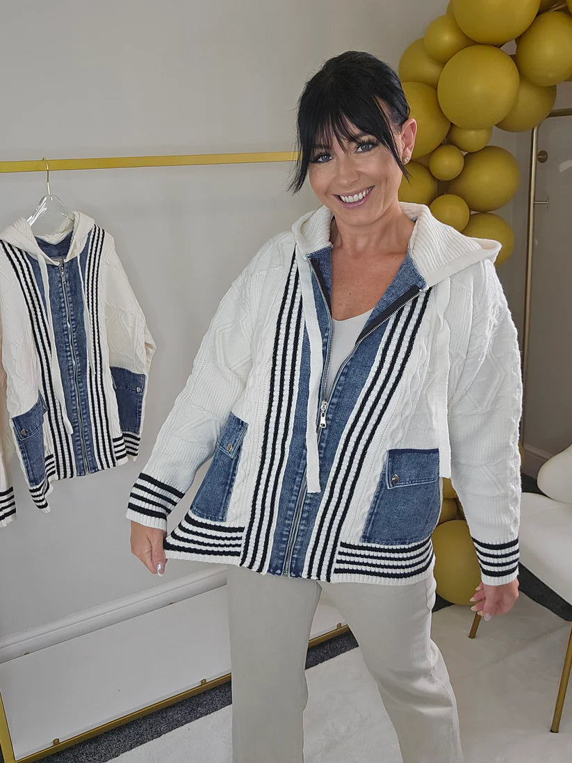Callie Cable Hoodie with Denim - One Size - fits from Size 12 up to Size 18
