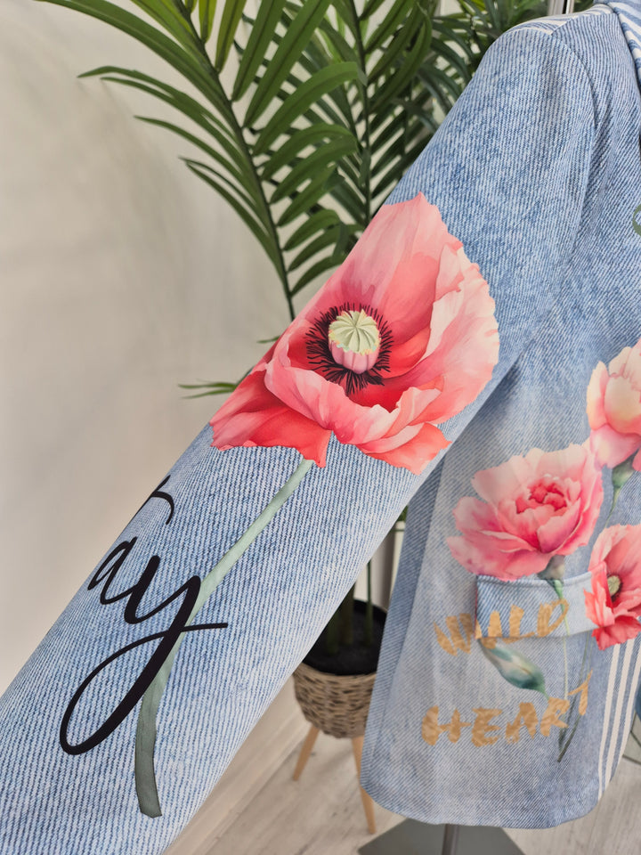 Pin Stripe Floral Blazer - Blue/White