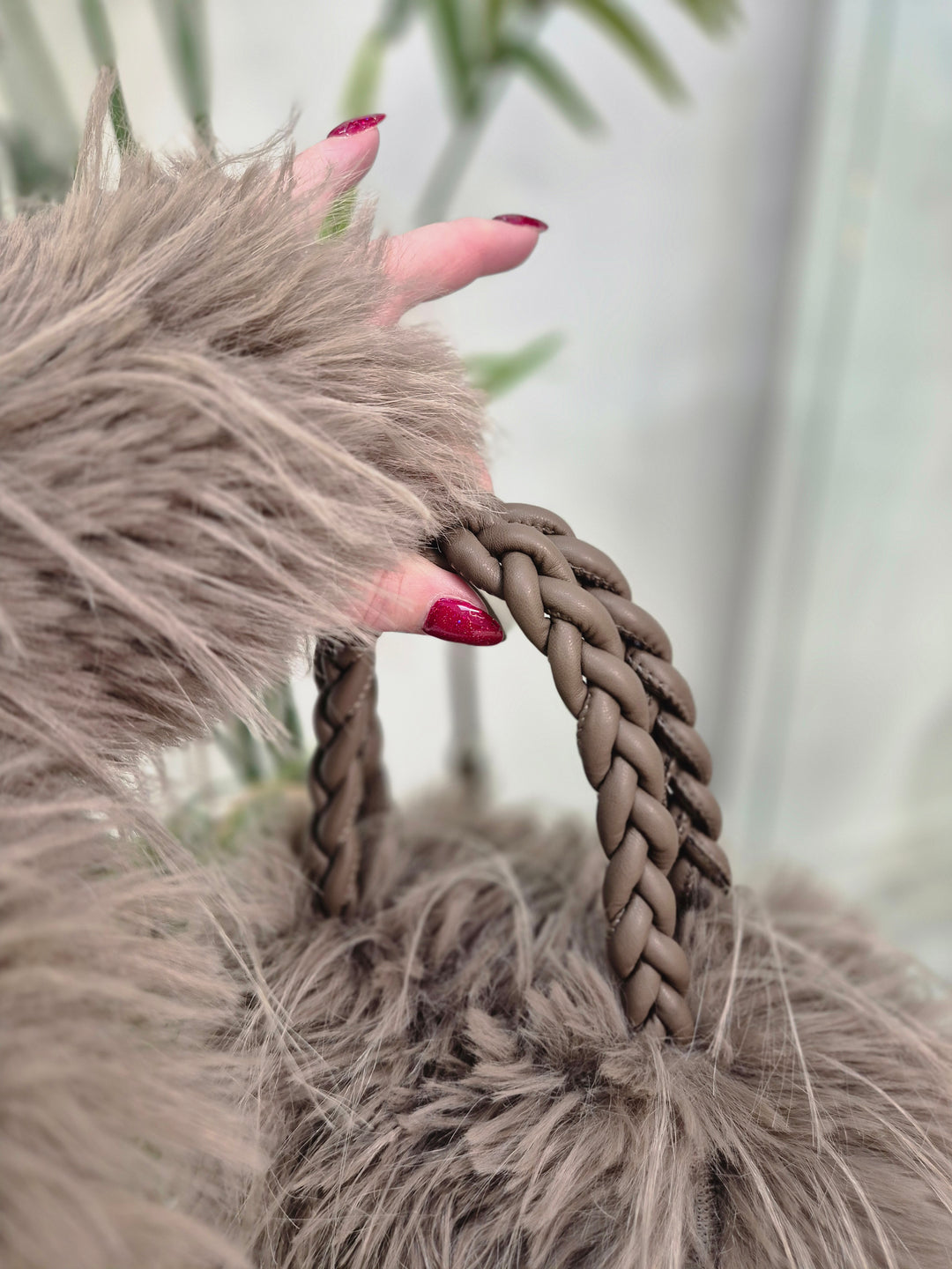 Oslo Faux Fur Shaggy Bag with Dual Handles & Chain Strap - Mocha