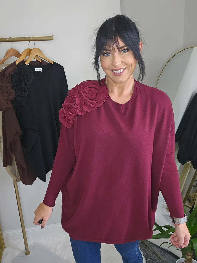 Corsage Oversized Jumper - Wine (fitting from Size 14 up to Size 20)
