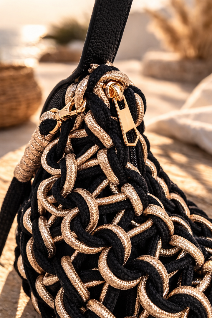Marbella Gold Metallic Rope Bag - Black/Gold