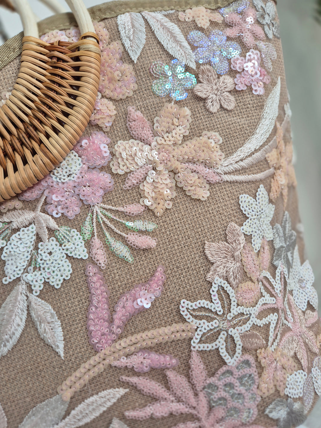 Floral Sequins Bamboo Bag - Pink