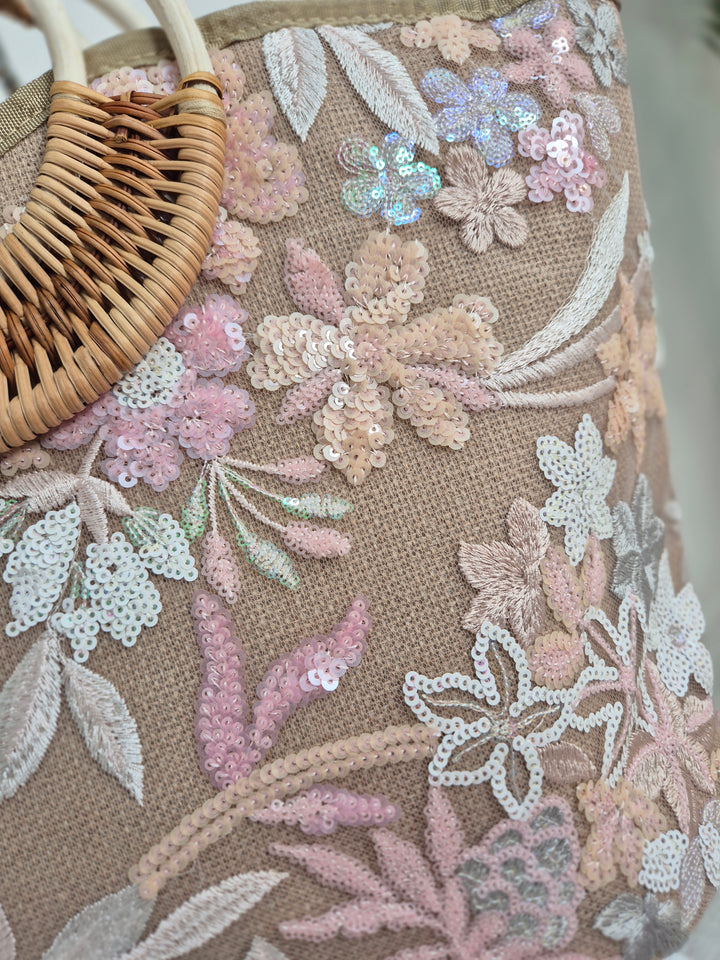 Floral Sequins Bamboo Bag - Pink