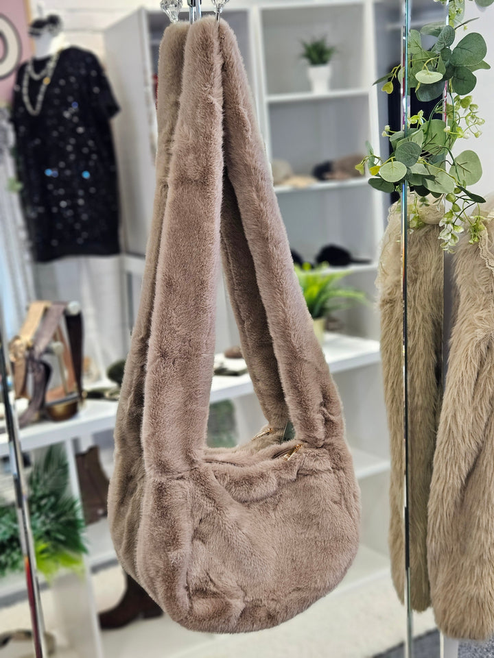 Oslo Fluffy Faux Fur Cross Body Bag - Mocha