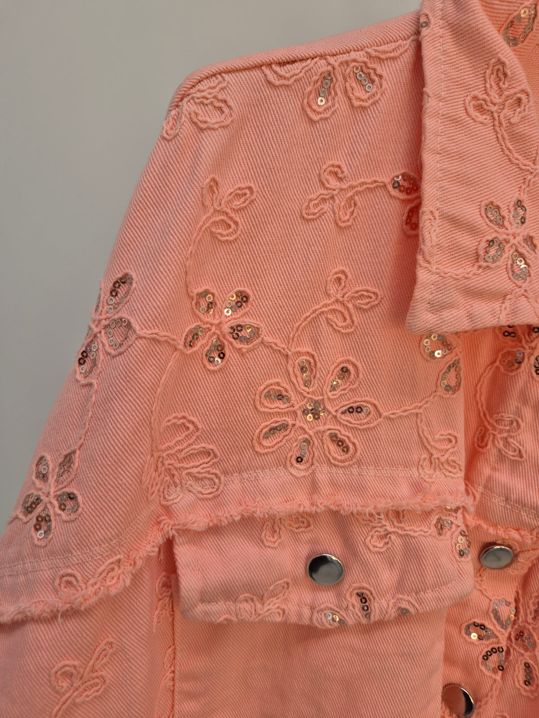 Dana Floral Sparkly Denim Shacket - Coral (One Size/Curvy, fitting from Size 10/12 up to Size 18)