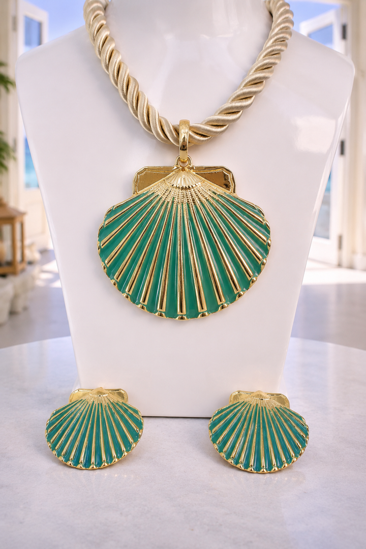 Shell Necklace & Earrings Set (Gold Tone) - Green