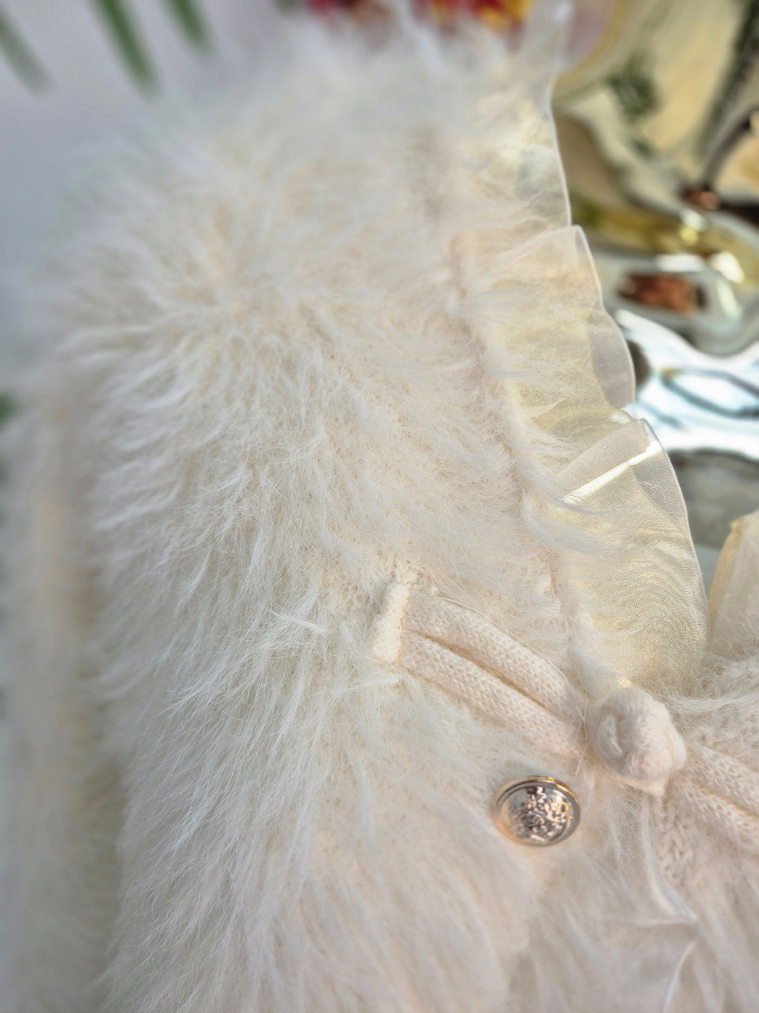 Oslo Fluffy Baroque Buttoned Cardigan - Cream (One Size, fitting from Size 10 up to Size 16)