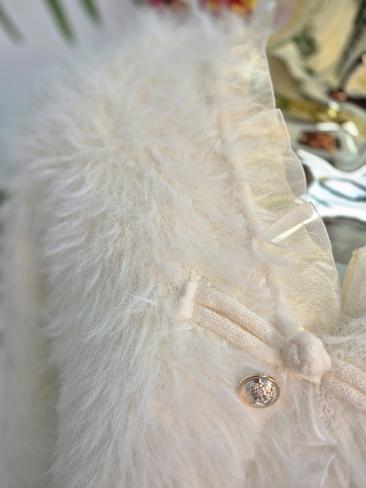 Oslo Fluffy Baroque Buttoned Cardigan - Cream (One Size, fitting from Size 10 up to Size 16)