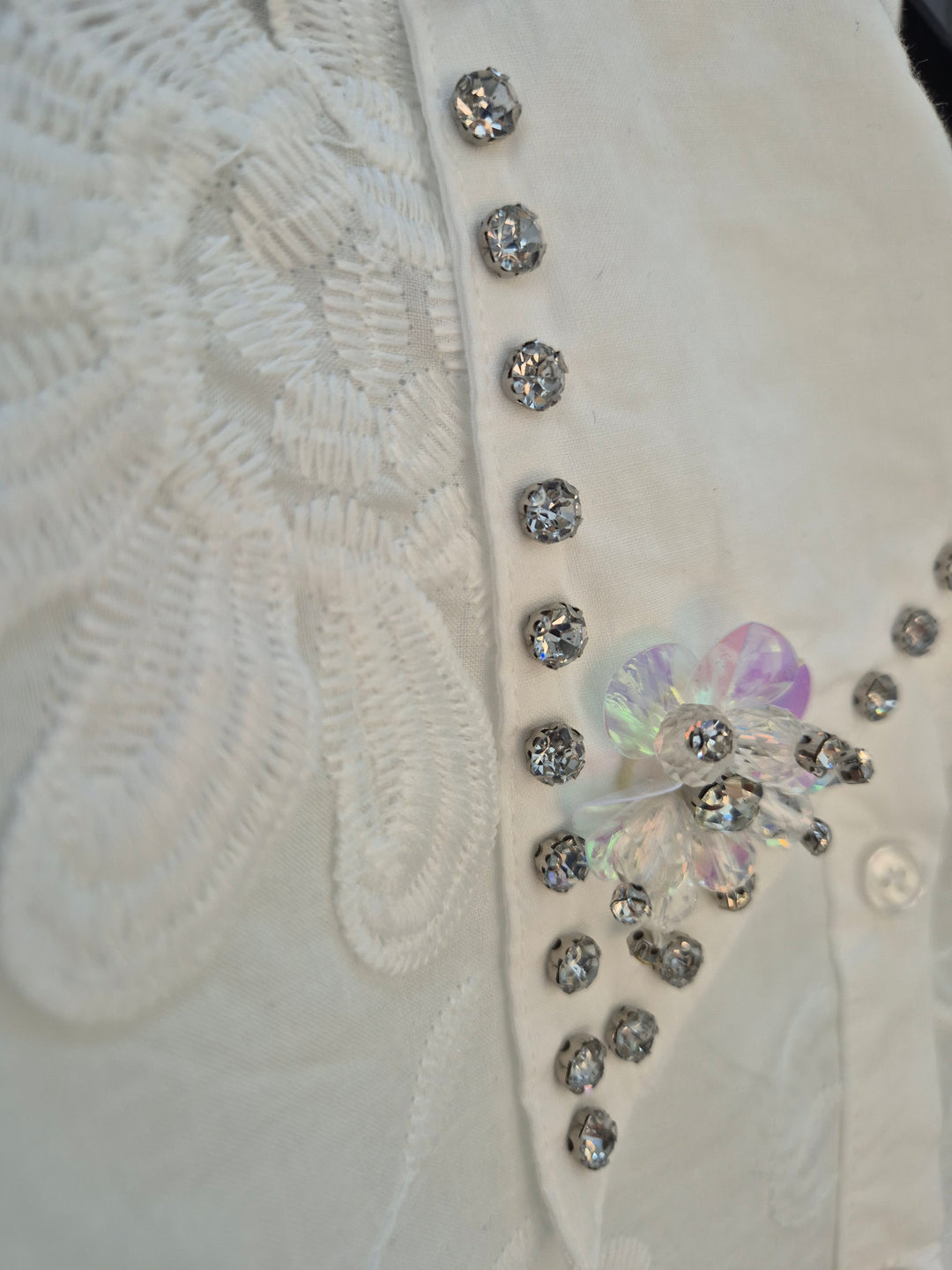 Crystal Floral Blouse with Puff Ball Sleeves - (One Size, fits up to Size 16) - White