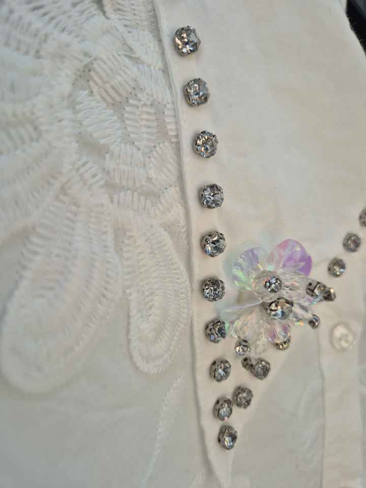 Crystal Floral Blouse with Puff Ball Sleeves - (One Size, fits up to Size 16) - White