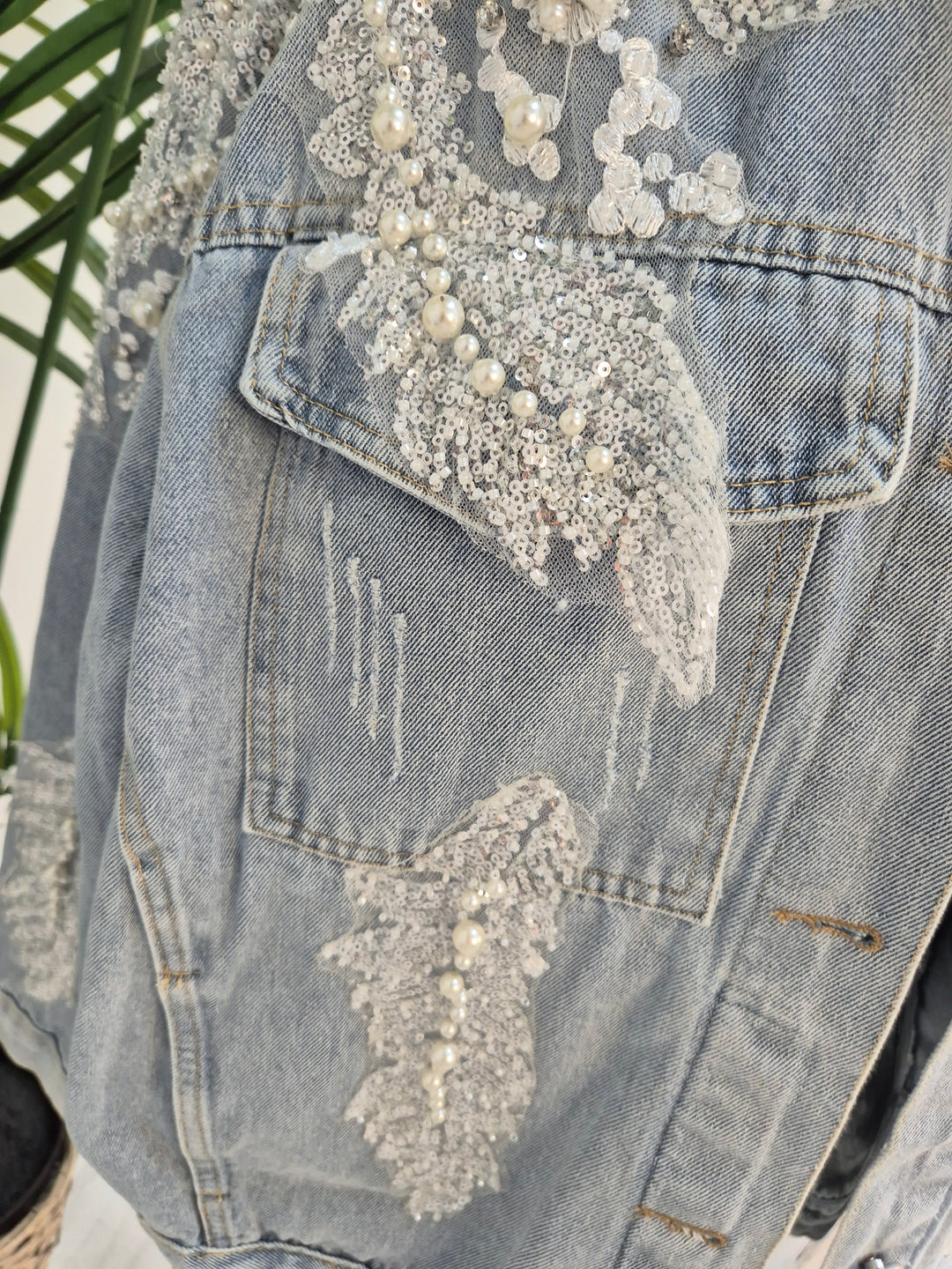 Angelica Crystal & Pearl Denim Jacket - Stonewashed (Oversized)