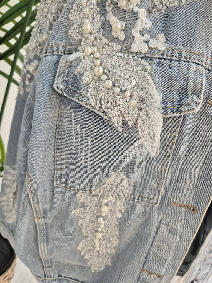 Angelica Crystal & Pearl Denim Jacket - Stonewashed (Oversized)