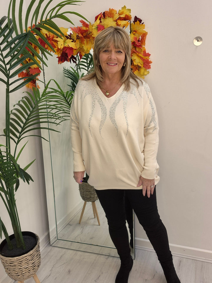Sasha Sparkle Oversized Jumper - Cream (fitting from Size 14 up to Size 20)