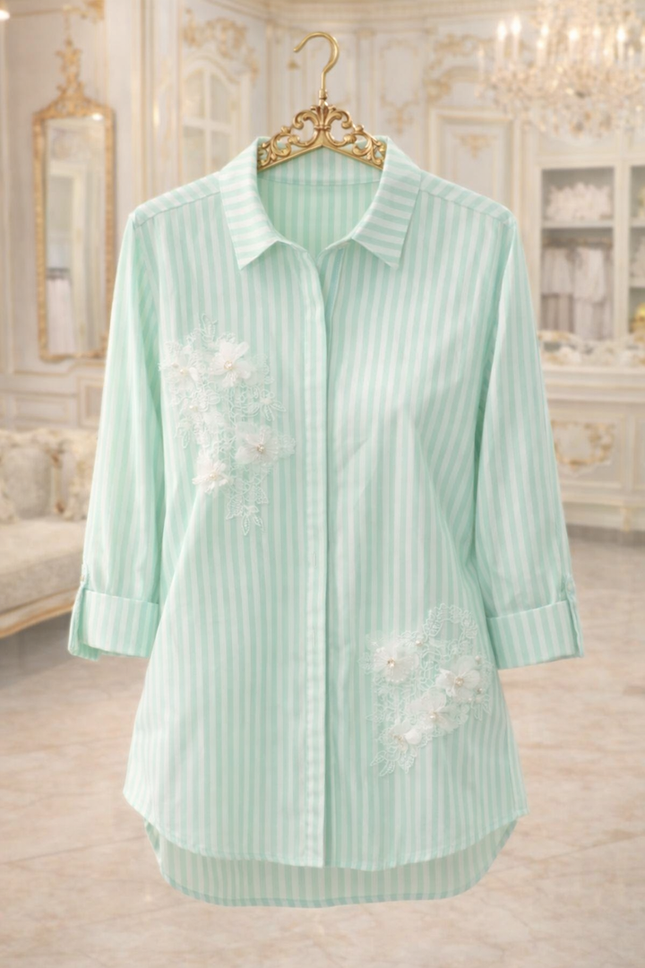 Penny Pinstripe Floral Applique Oversized Shirt - Mint/White (One Size/Curvy - fitting from Size 16 up to Size 20)