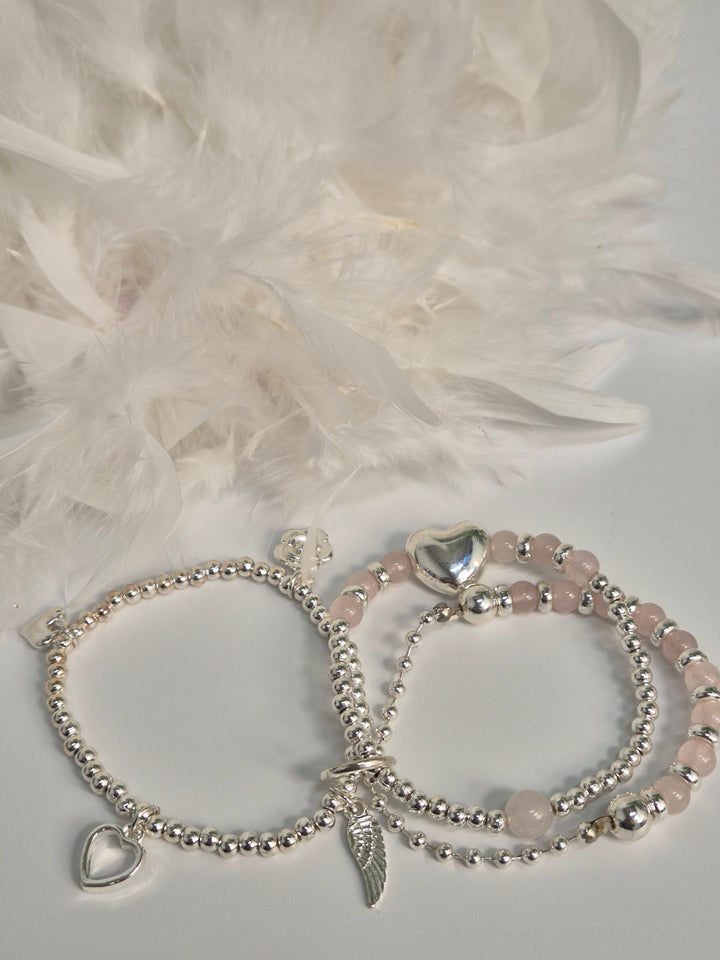 Stacking Bracelets - Angel Wings, Hearts, Camellia Flower Charms (Silver Tone) Pink