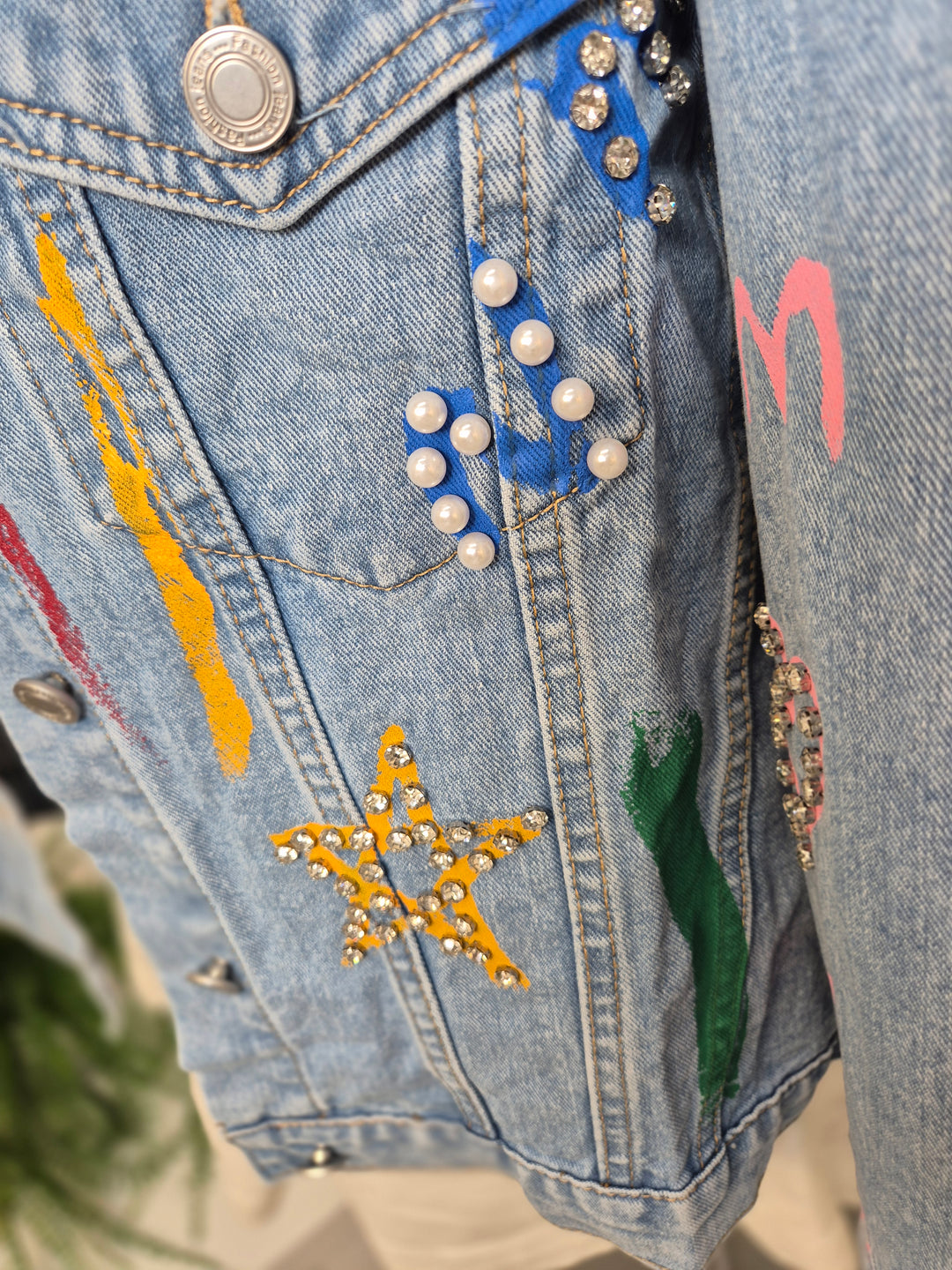 Paint Splashed Denim Jacket with Crystals - Stonewashed