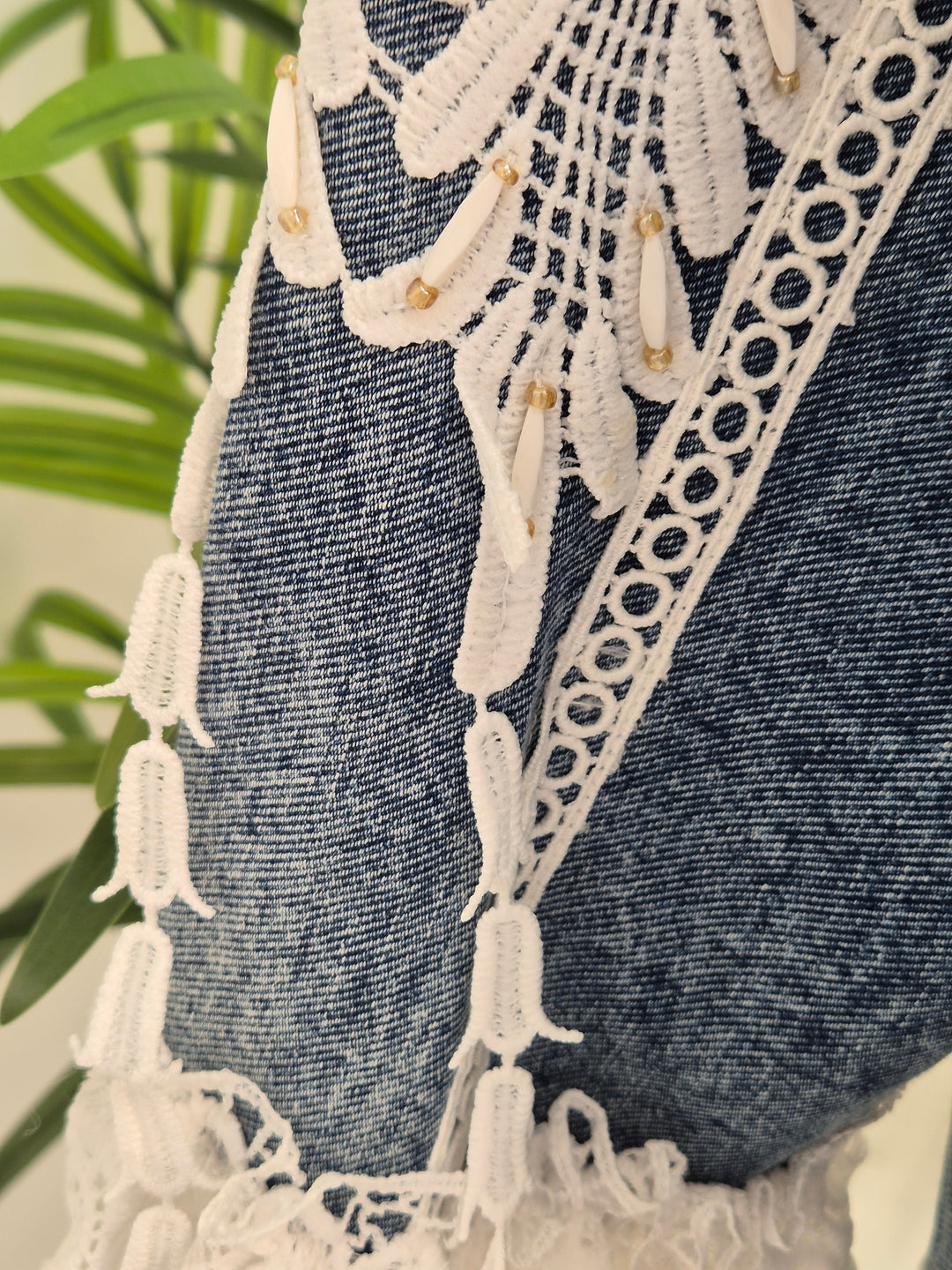 Elle Lace Tassel Denim Jacket - Mid Stonewashed (One Size, fitting from Size 10 up to 14)