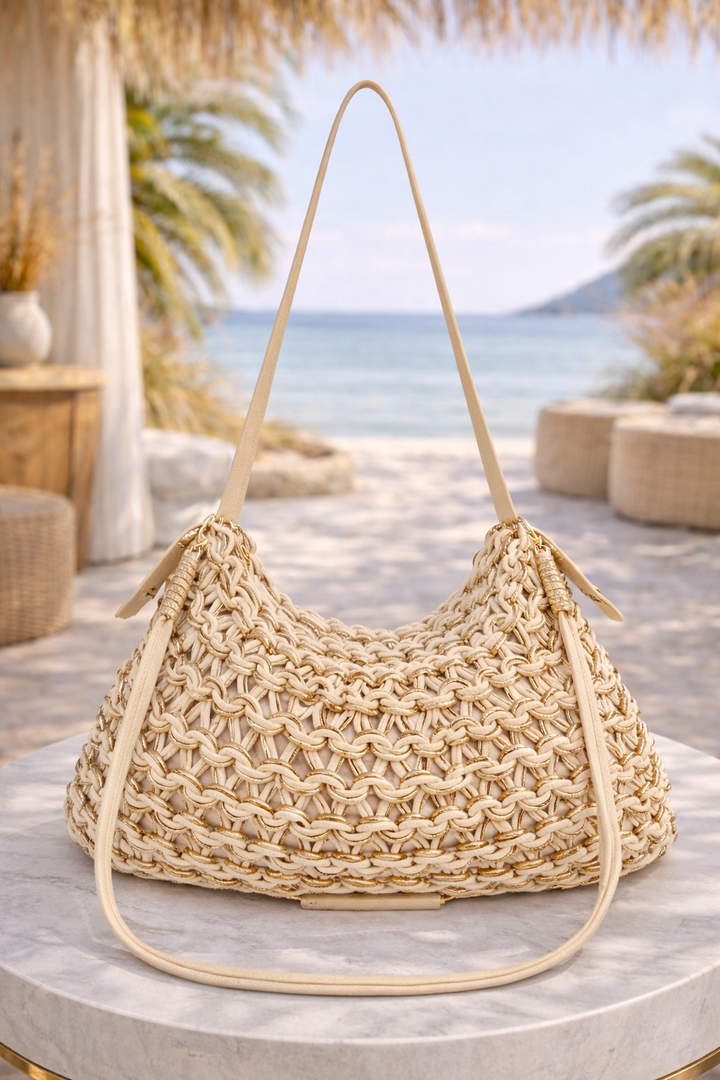 Marbella Gold Metallic Rope Bag - Cream/Gold