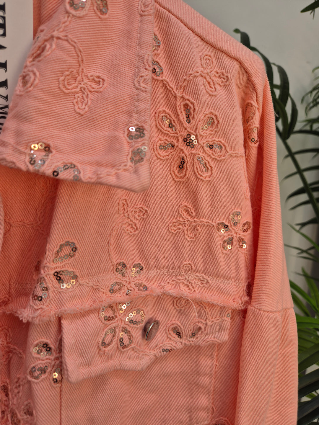 Dana Floral Sparkly Denim Shacket - Coral (One Size/Curvy, fitting from Size 10/12 up to Size 18)