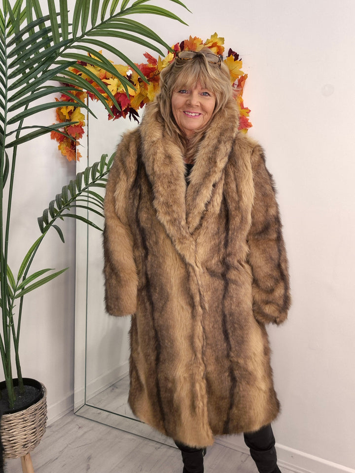 Oslo Faux Fur Longline Coat - Camel (One Size - fitting Size 10/12 up to Size 16/18)