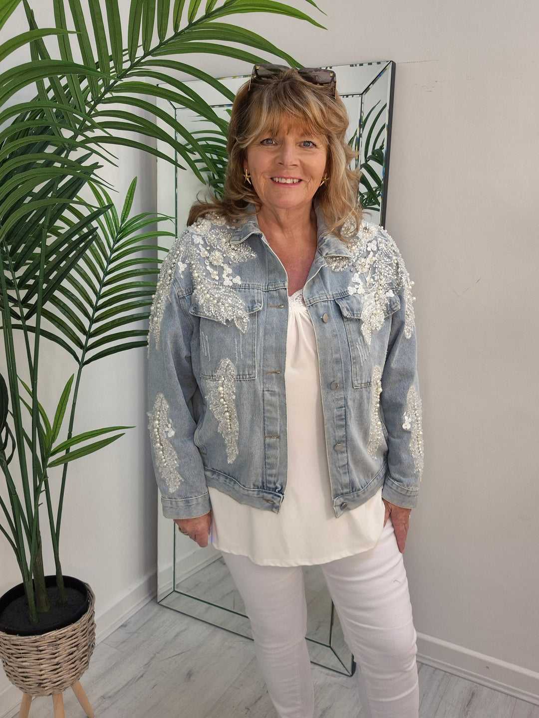 Angelica Crystal & Pearl Denim Jacket - Stonewashed (Oversized)