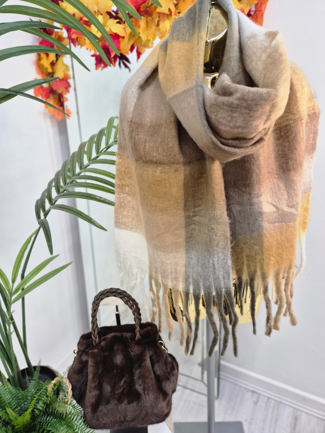 Checked Scarf with Fringing - Chocolate Multi