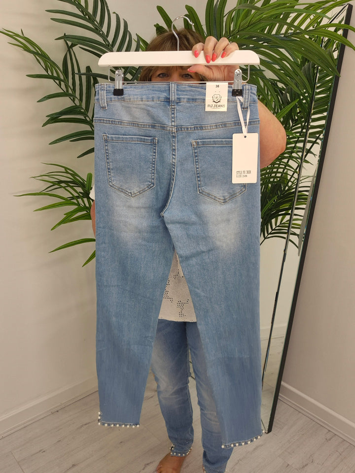 Crystal & Pearl Ankle Grazer Jeans - Stonewashed - (choose your Size)