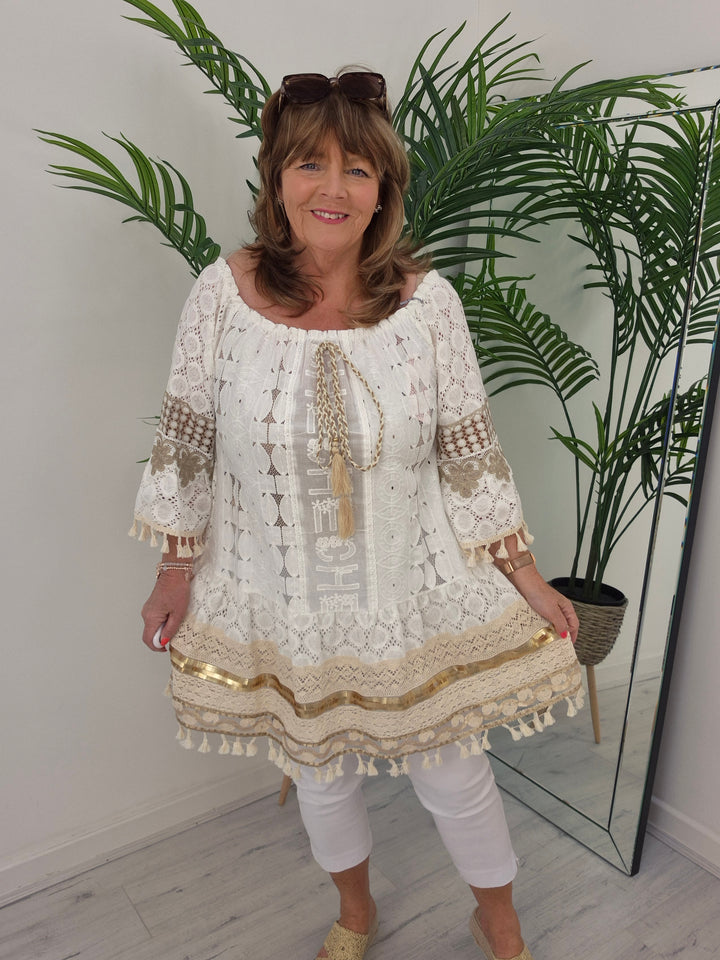 Ibiza Bardot Kaftan/Beach Dress - White/Gold - (Oversized)