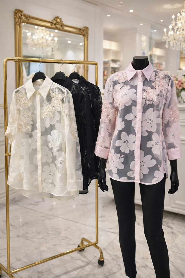 Valencia Ornate Blouse with Crystals & 3D Applique Sparkle - Stone (One Size, fits from Size 12 up to Size 16/Small Busted Size 18)