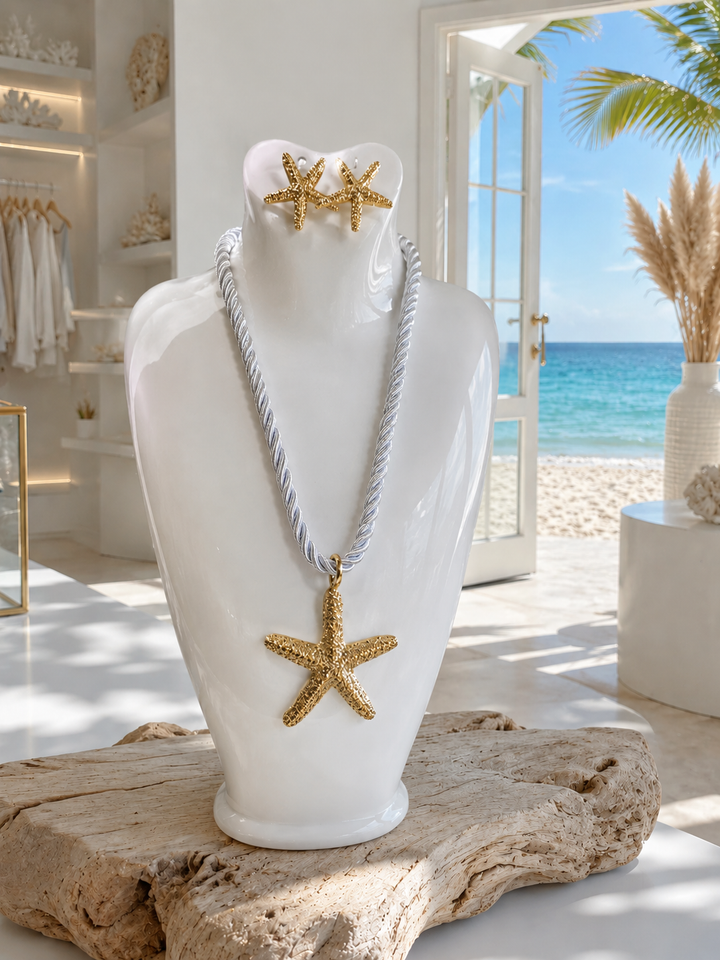 Starfish Necklace & Earrings Set (Gold Tone) - White/Gold