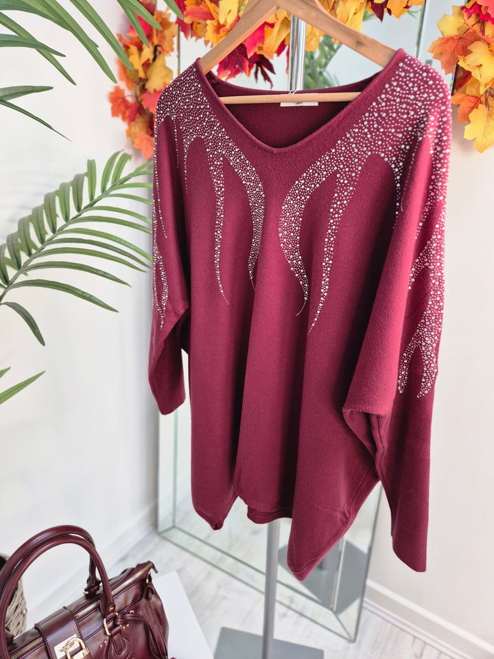 Sasha Sparkle Oversized Jumper - Wine (fitting from Size 14 up to Size 20)