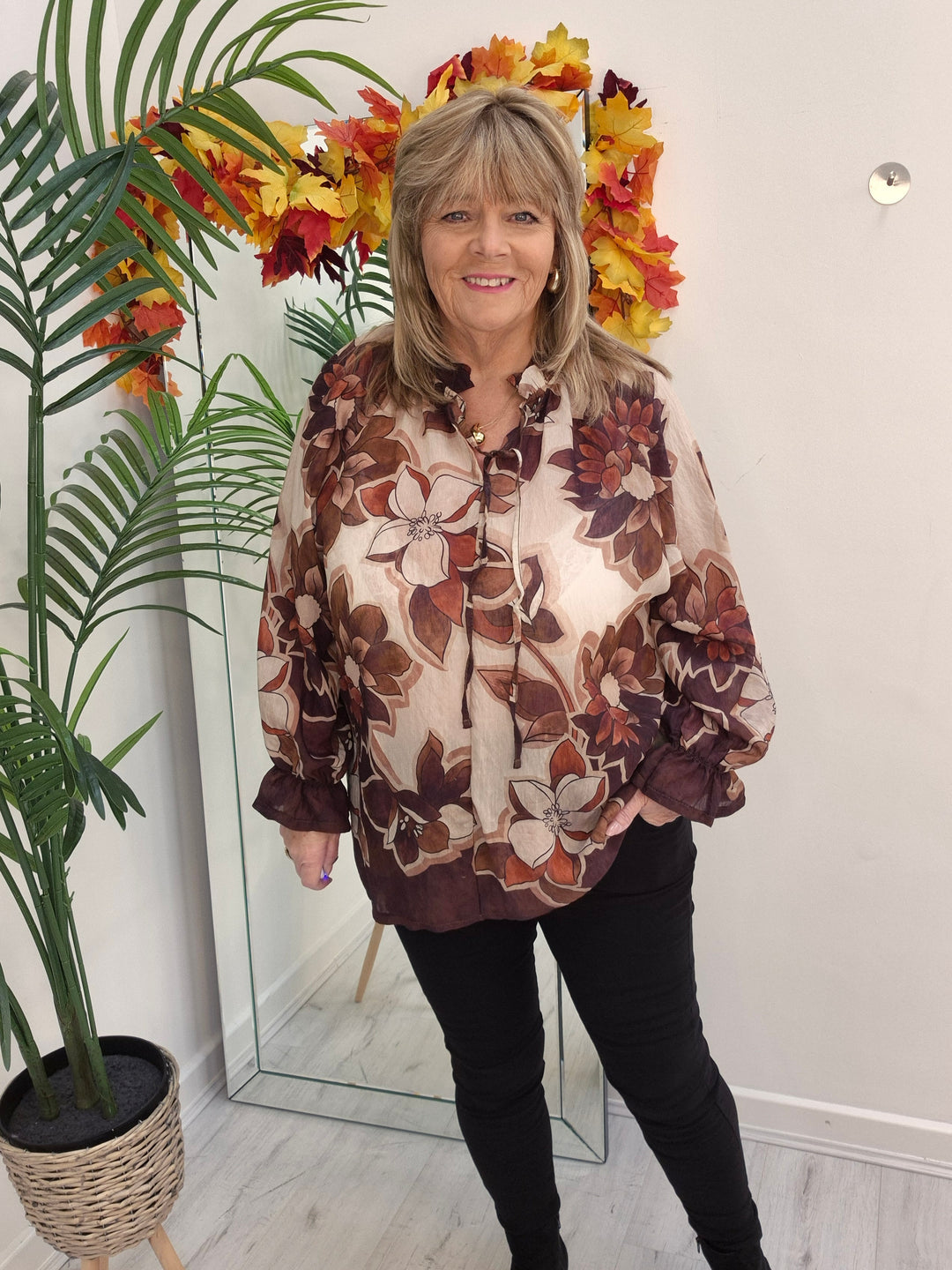 Floral Autumn Blouse - Chocolate/Wine/Stone (fits from Size 12/14 to Size 18/20)