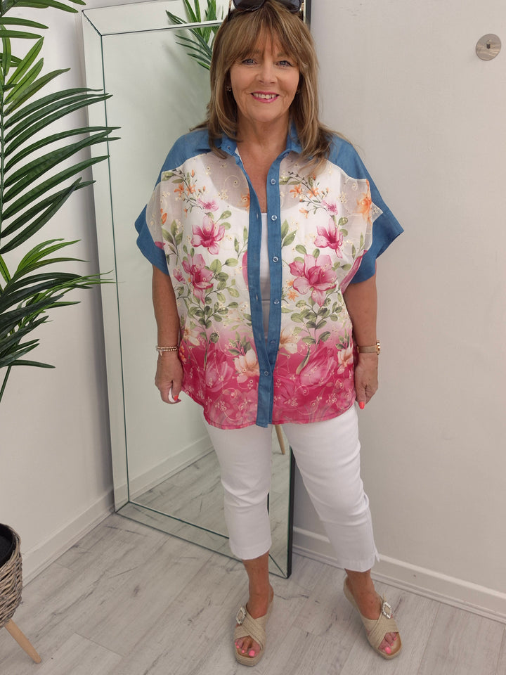 Floral Broderie Anglaise Blouse with Sequins - (Oversized)