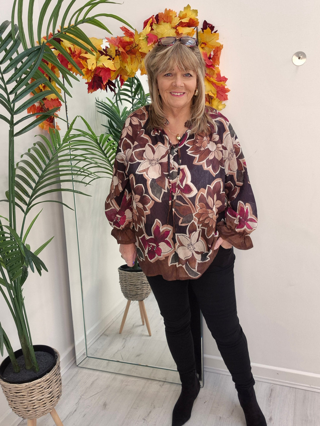 Floral Autumn Blouse - Black/Wine/Chocolate (fits from Size 12/14 to Size 18/20)